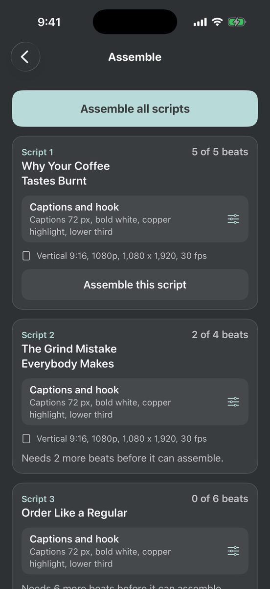 Supershoot Assemble screen with one card per script showing captions and hook settings, and a note that two scripts need more beats