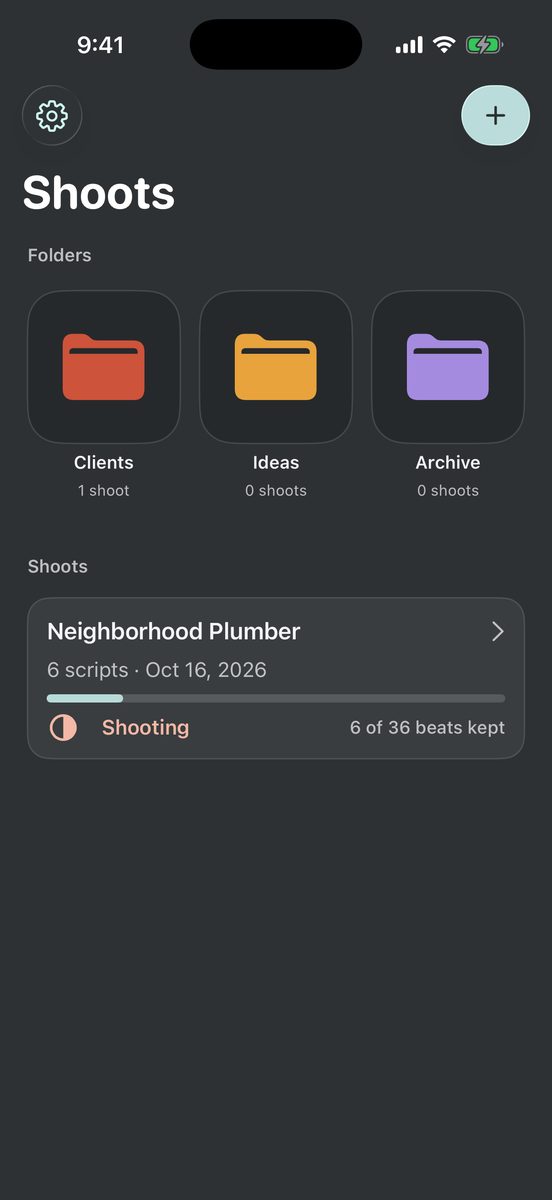 Supershoot home screen with Clients, Ideas and Archive folders and a Neighborhood Plumber shoot at 6 of 36 beats kept