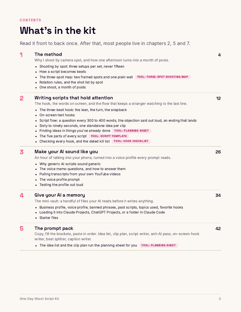 Page 2 of the guide, the first contents page, listing chapters 1 through 5 with their page numbers and the tools that live inside them.