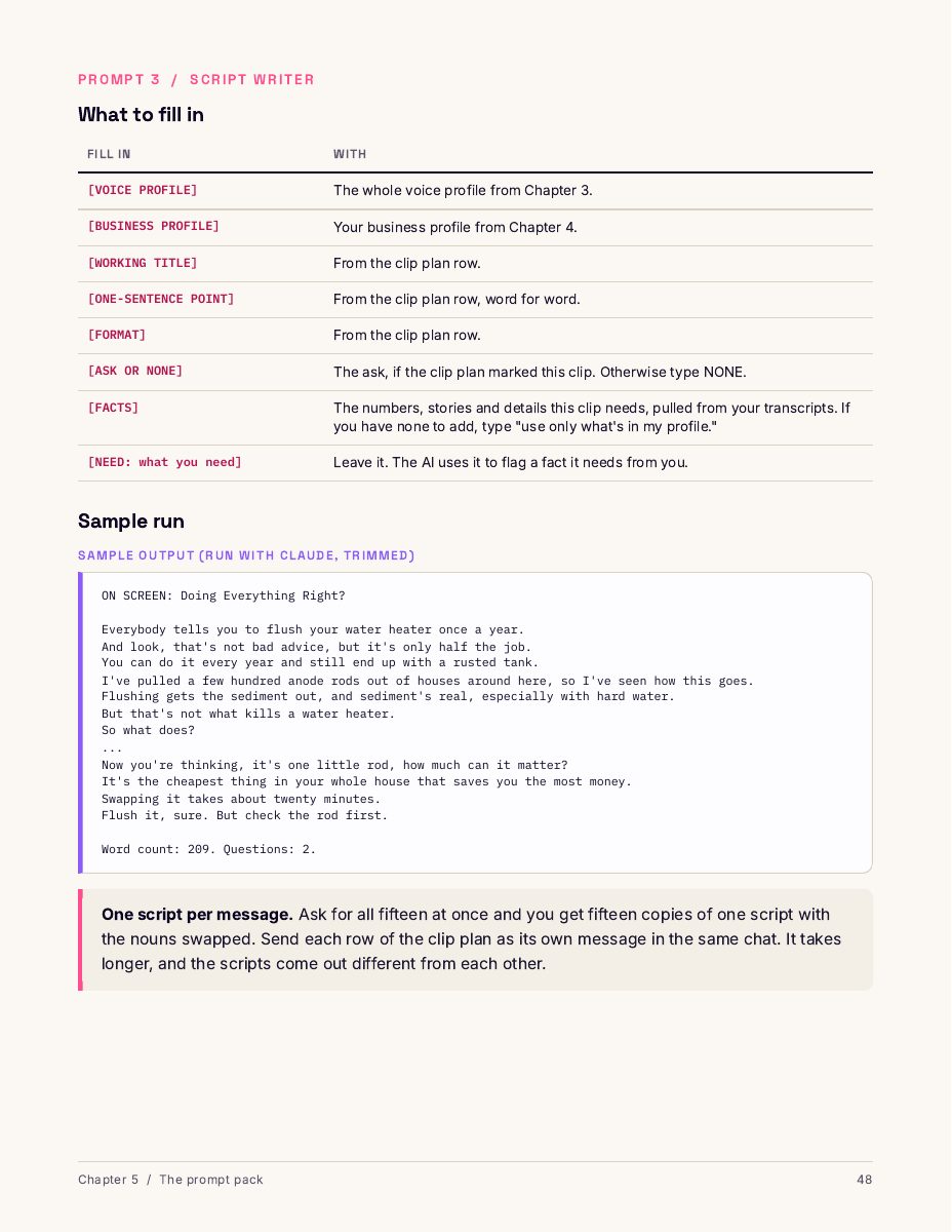 Page 48 of the guide: the script writer prompt's fill-in table, then a sample script Claude wrote for the plumber, ending with its word count and question count.