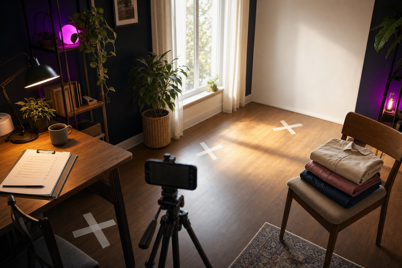 An illustration of a small room set up for a shoot day: a phone on a tripod, three taped marks on the floor, a clipboard of scripts on the desk, and three shirts folded on a chair.